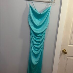Crās Nully Aqua Satin Slip Dress with Spaghetti Straps 34 small
